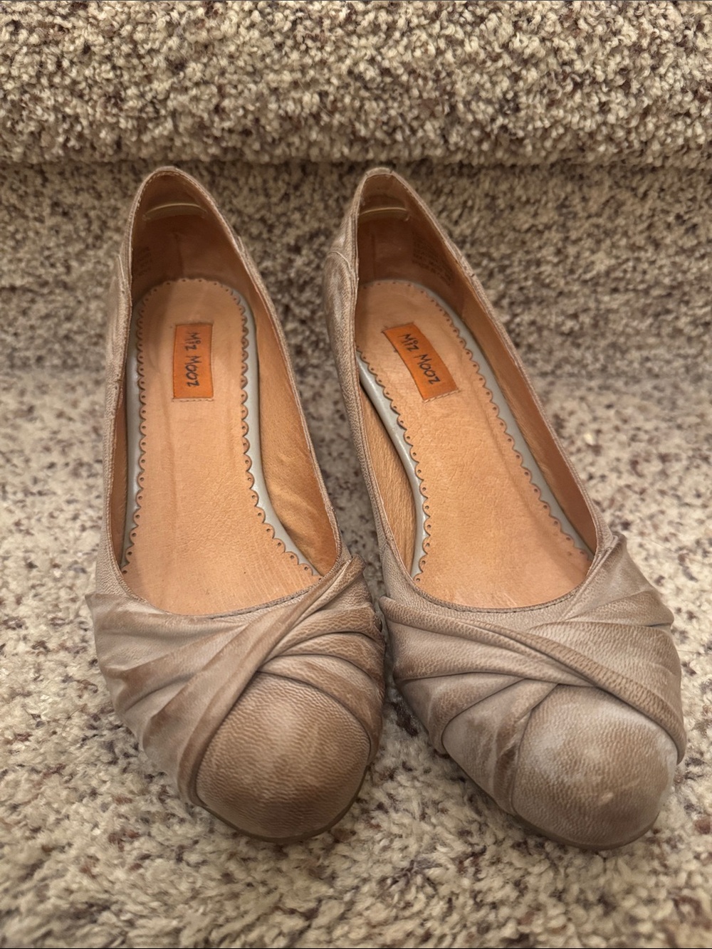 Miz Mooz Taupe Leather Twisted-Toe Women's Flats